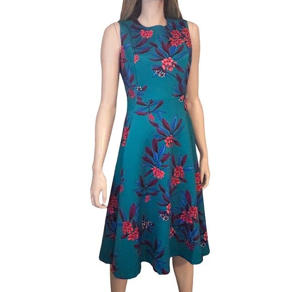 Calvin Klein Fit Flare Scuba Dress Colourful floral print Hip Pockets Full Skirt - Picture 11 of 15